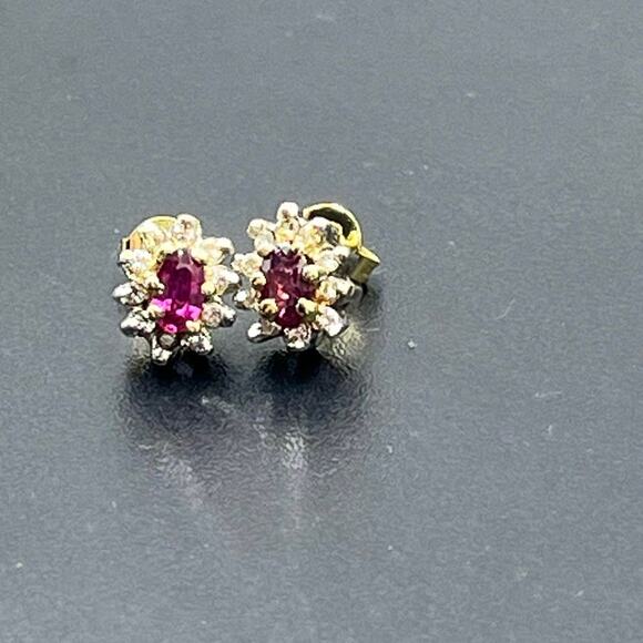 Vintage 14k Two Tone Gold Genuine
Ruby & Diamond Halo Stud Small Earrings - Picture 2 of 16